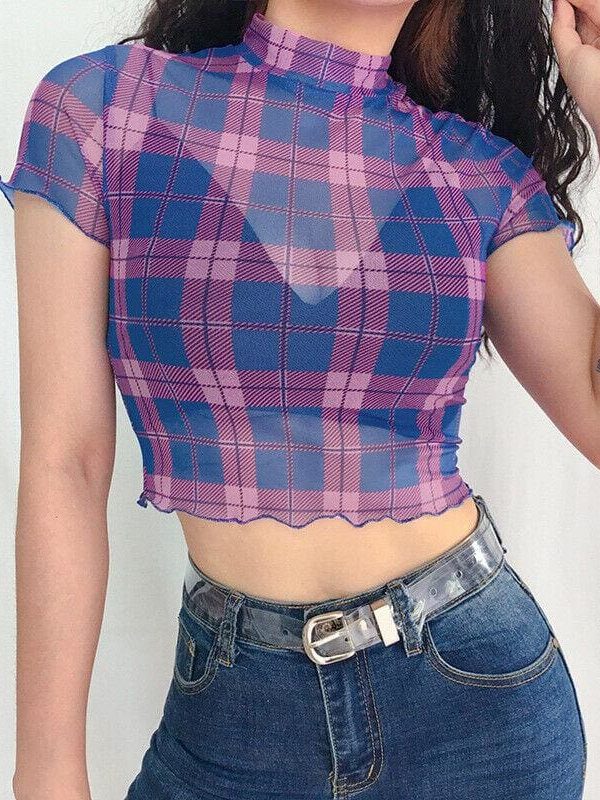 The Best Fashion Summer Women Plaid Sheer Mesh Crop Tops Ladies Short Sleeve Sexy See-through Seamless Shirt Summer Clothes Online - Takalr