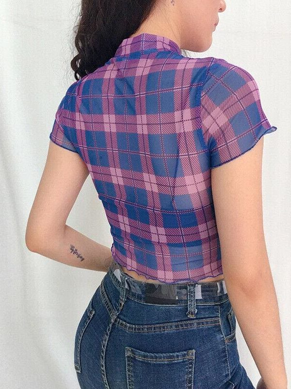 The Best Fashion Summer Women Plaid Sheer Mesh Crop Tops Ladies Short Sleeve Sexy See-through Seamless Shirt Summer Clothes Online - Takalr