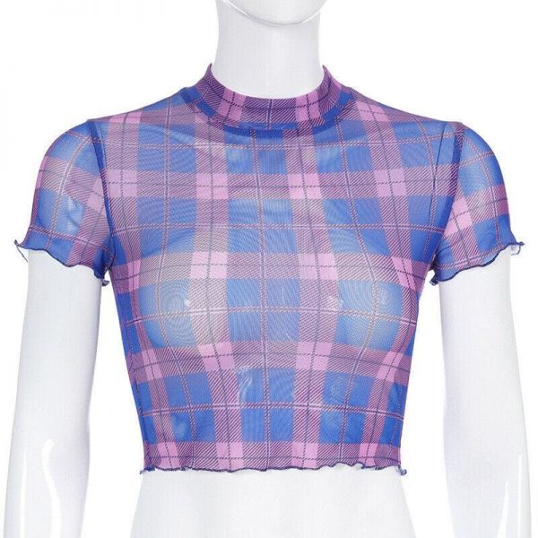 The Best Fashion Summer Women Plaid Sheer Mesh Crop Tops Ladies Short Sleeve Sexy See-through Seamless Shirt Summer Clothes Online - Takalr