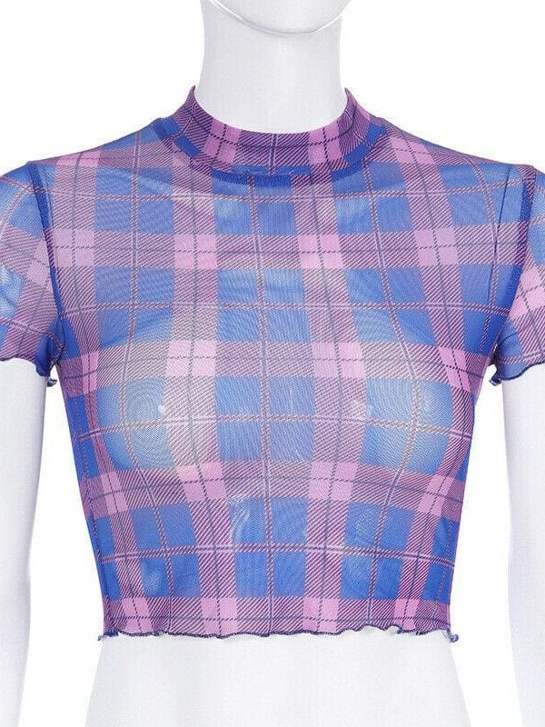 The Best Fashion Summer Women Plaid Sheer Mesh Crop Tops Ladies Short Sleeve Sexy See-through Seamless Shirt Summer Clothes Online - Takalr