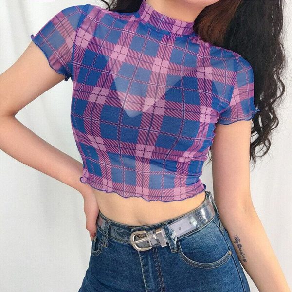 The Best Fashion Summer Women Plaid Sheer Mesh Crop Tops Ladies Short Sleeve Sexy See-through Seamless Shirt Summer Clothes Online - Takalr