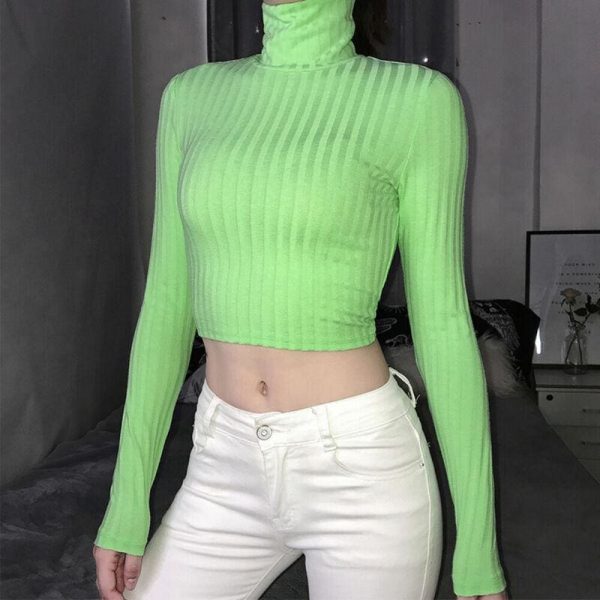 The Best Fashion Trend Women High Collar Crop Tops Ladies Slim Fit Long Sleeve Backless Stylish Autumn T-shirts Tees Online - Takalr