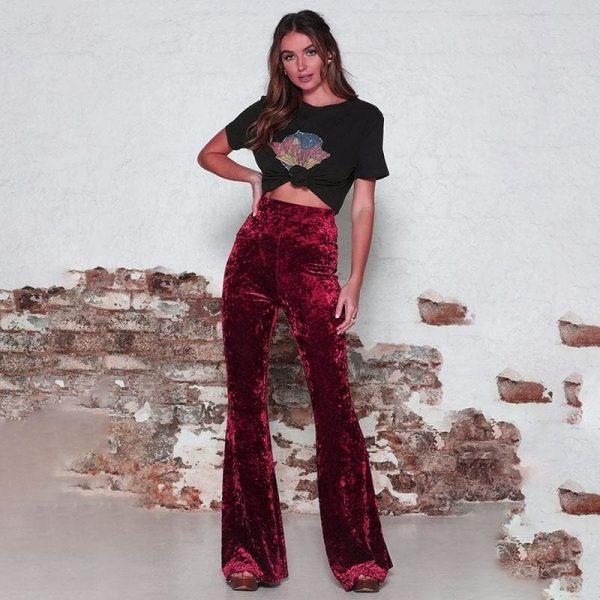 The Best Fashion Velvet Pants women autumn winter slim Flare pants women high waist trousers high street style pants bottoms Online - Takalr