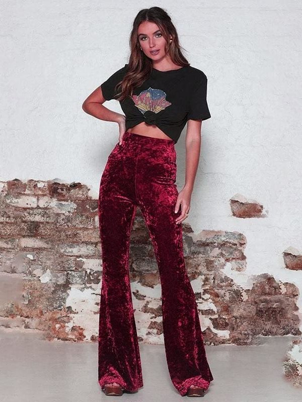 The Best Fashion Velvet Pants women autumn winter slim Flare pants women high waist trousers high street style pants bottoms Online - Takalr