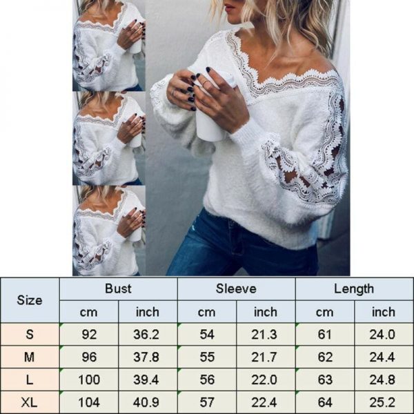 The Best Fashion Winter Women Lace V-neck Tops Blouse Ladies Casual Hollow Out Loose Sweater Warm Sweatshirt Autumn Tops Online - Takalr