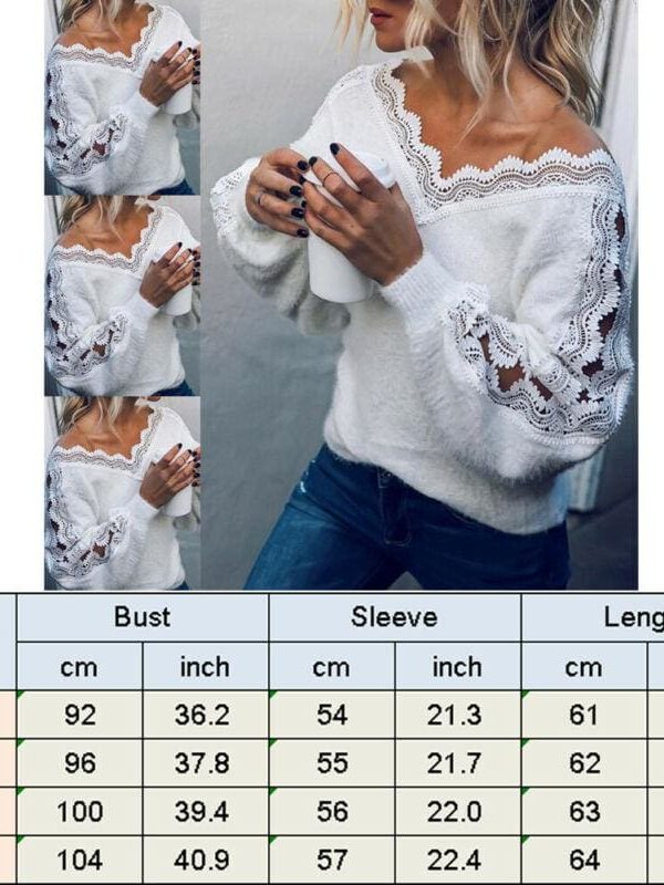 The Best Fashion Winter Women Lace V-neck Tops Blouse Ladies Casual Hollow Out Loose Sweater Warm Sweatshirt Autumn Tops Online - Takalr