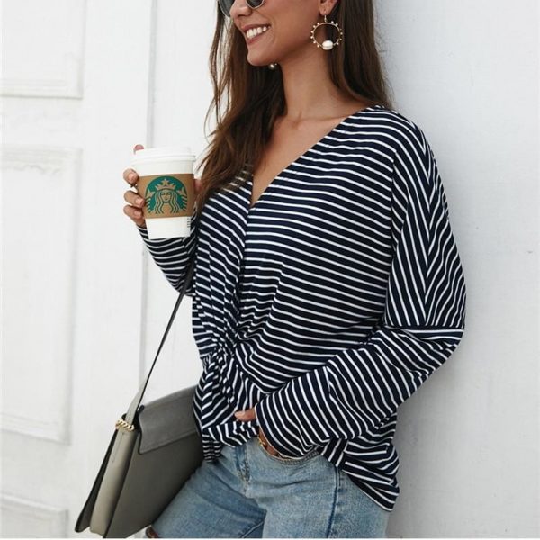 The Best Fashion Women Autumn Casual Top Long Sleeve T shirt V Neck crisscross Tee Shirt Femme Elegant Stripe Dames tshirt Streetwear Online - Takalr