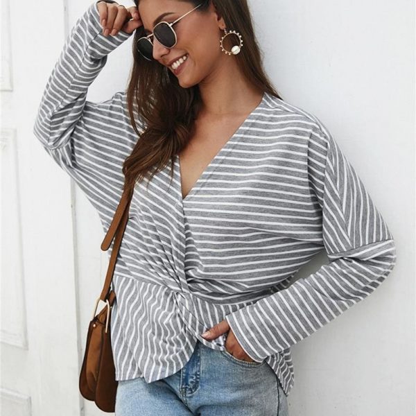 The Best Fashion Women Autumn Casual Top Long Sleeve T shirt V Neck crisscross Tee Shirt Femme Elegant Stripe Dames tshirt Streetwear Online - Takalr