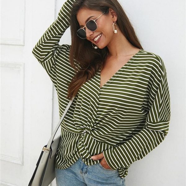 The Best Fashion Women Autumn Casual Top Long Sleeve T shirt V Neck crisscross Tee Shirt Femme Elegant Stripe Dames tshirt Streetwear Online - Takalr