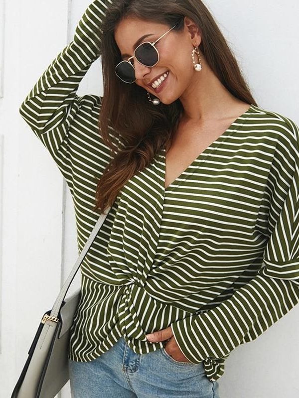 The Best Fashion Women Autumn Casual Top Long Sleeve T shirt V Neck crisscross Tee Shirt Femme Elegant Stripe Dames tshirt Streetwear Online - Takalr