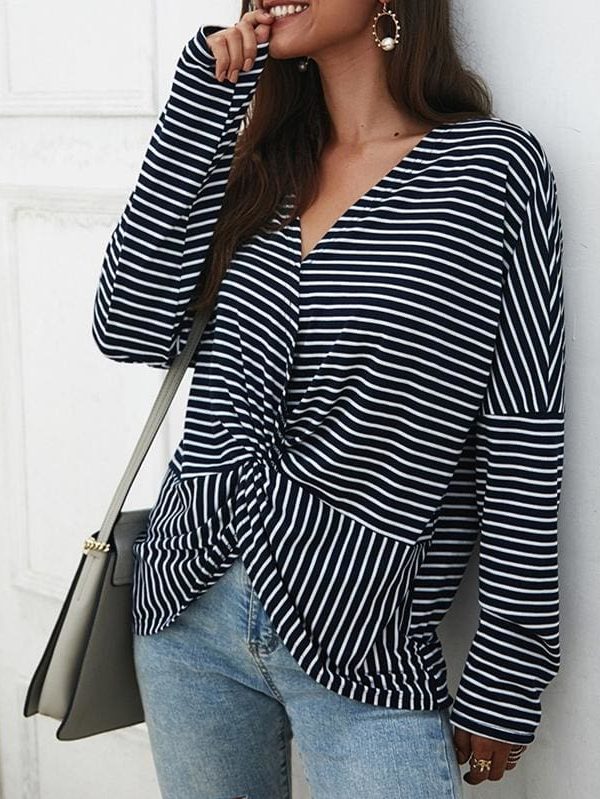 The Best Fashion Women Autumn Casual Top Long Sleeve T shirt V Neck crisscross Tee Shirt Femme Elegant Stripe Dames tshirt Streetwear Online - Takalr