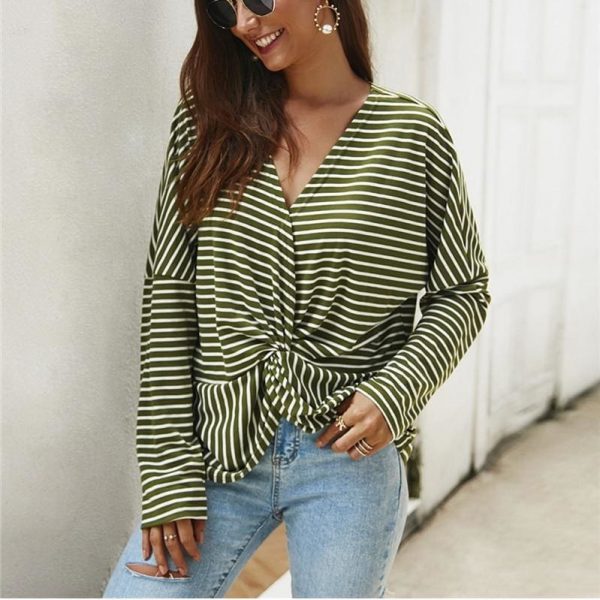 The Best Fashion Women Autumn Casual Top Long Sleeve T shirt V Neck crisscross Tee Shirt Femme Elegant Stripe Dames tshirt Streetwear Online - Takalr