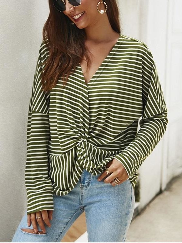 The Best Fashion Women Autumn Casual Top Long Sleeve T shirt V Neck crisscross Tee Shirt Femme Elegant Stripe Dames tshirt Streetwear Online - Takalr