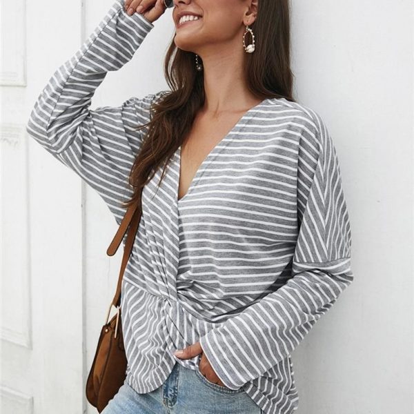 The Best Fashion Women Autumn Casual Top Long Sleeve T shirt V Neck crisscross Tee Shirt Femme Elegant Stripe Dames tshirt Streetwear Online - Takalr