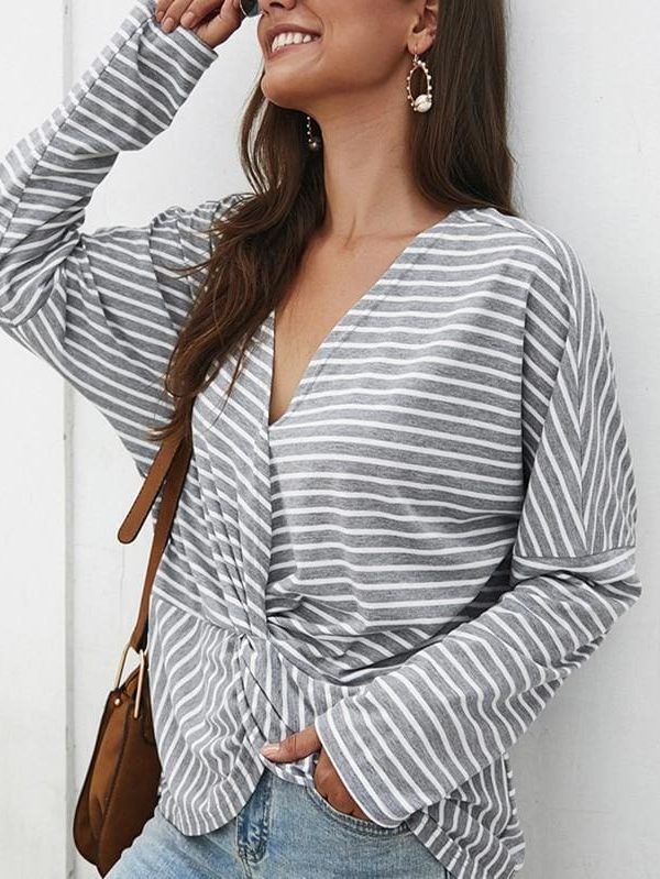 The Best Fashion Women Autumn Casual Top Long Sleeve T shirt V Neck crisscross Tee Shirt Femme Elegant Stripe Dames tshirt Streetwear Online - Takalr