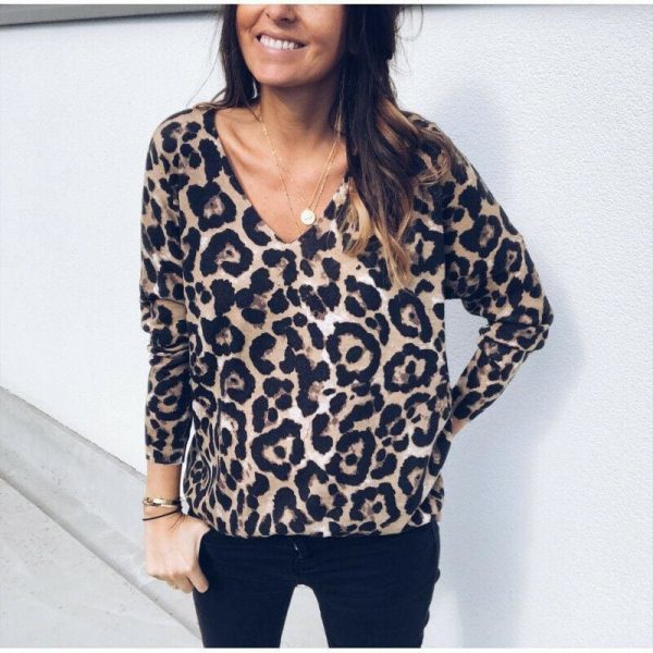 The Best Fashion Women Autumn V neck Tops Ladies Leopard Loose Tee Shirt Femme Long Sleeve Casual T-Shirt Streetwear Online - Takalr