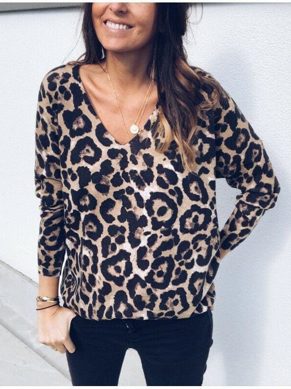 The Best Fashion Women Autumn V neck Tops Ladies Leopard Loose Tee Shirt Femme Long Sleeve Casual T-Shirt Streetwear Online - Takalr