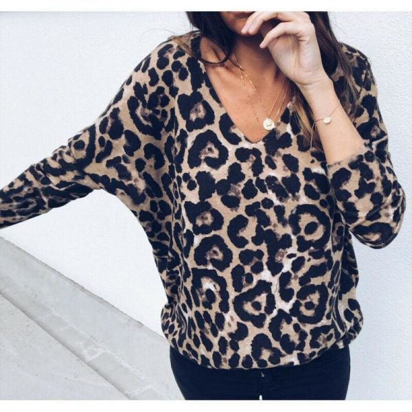 The Best Fashion Women Autumn V neck Tops Ladies Leopard Loose Tee Shirt Femme Long Sleeve Casual T-Shirt Streetwear Online - Takalr