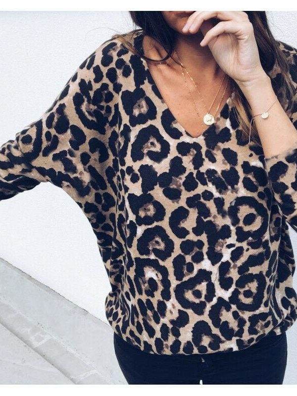 The Best Fashion Women Autumn V neck Tops Ladies Leopard Loose Tee Shirt Femme Long Sleeve Casual T-Shirt Streetwear Online - Takalr