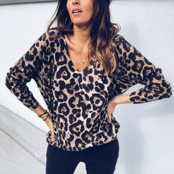 The Best Fashion Women Autumn V neck Tops Ladies Leopard Loose Tee Shirt Femme Long Sleeve Casual T-Shirt Streetwear Online - Takalr