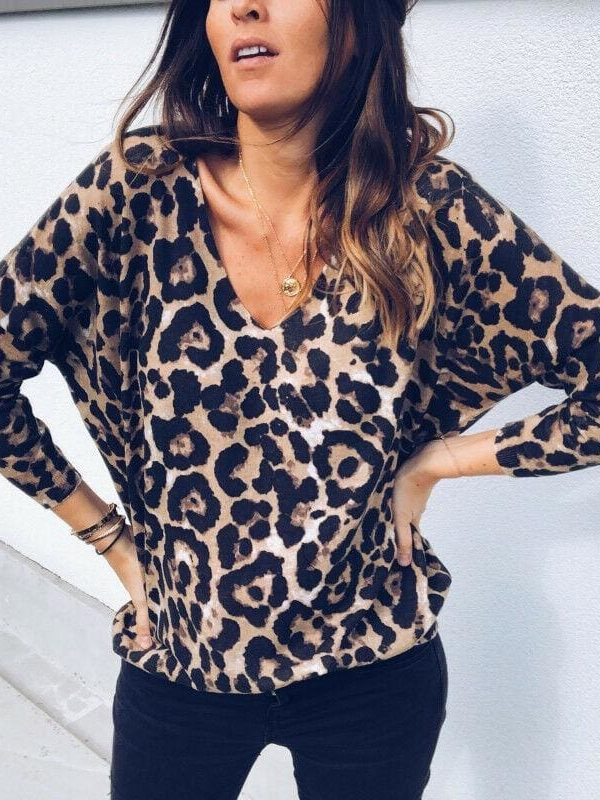 The Best Fashion Women Autumn V neck Tops Ladies Leopard Loose Tee Shirt Femme Long Sleeve Casual T-Shirt Streetwear Online - Takalr