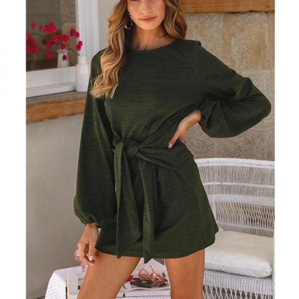 The Best Fashion Women Autumn Winter Long Lantern Sleeve Knitted Bodycon Tie Waist Pencil Sweater Dress Online - Takalr