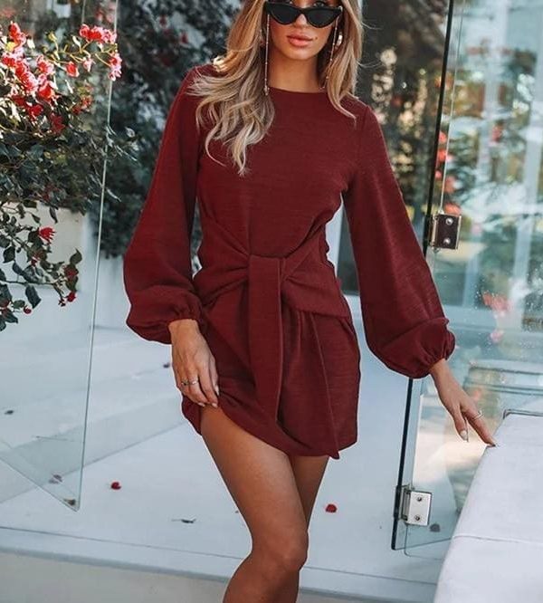 The Best Fashion Women Autumn Winter Long Lantern Sleeve Knitted Bodycon Tie Waist Pencil Sweater Dress Online - Takalr