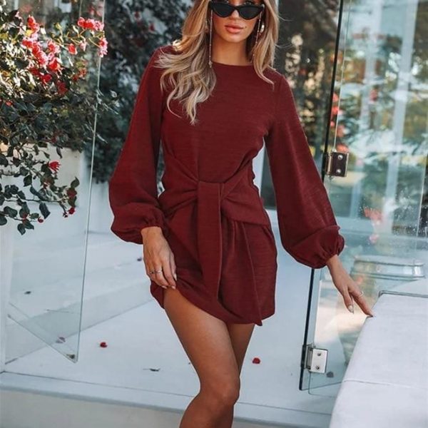 The Best Fashion Women Autumn Winter Long Lantern Sleeve Knitted Bodycon Tie Waist Pencil Sweater Dress Online - Takalr