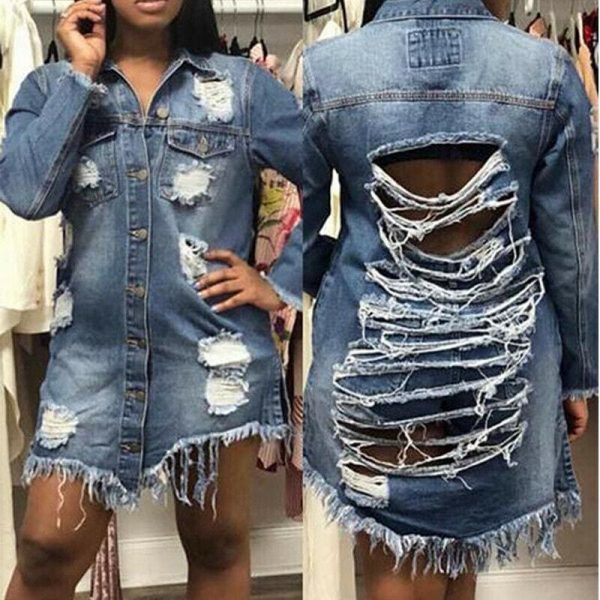 The Best Fashion Women Autumn Winter Top Oversized Holes Ripped Denim Jacket Coats Ladies Casual Outwear Streetwear Plus Size Online - Takalr