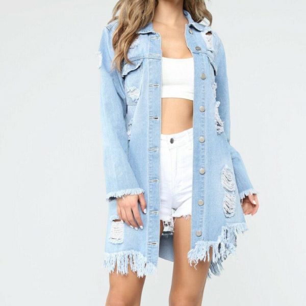 The Best Fashion Women Autumn Winter Top Oversized Holes Ripped Denim Jacket Coats Ladies Casual Outwear Streetwear Plus Size Online - Takalr