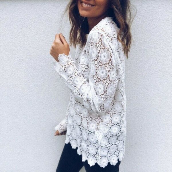 The Best Fashion Women Boho Beach Holiday Summer Loose Casual Chiffon Lace Floral Embroider White Tops Femme Ladies Mesh Shirt Online - Takalr