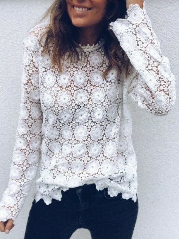 The Best Fashion Women Boho Beach Holiday Summer Loose Casual Chiffon Lace Floral Embroider White Tops Femme Ladies Mesh Shirt Online - Takalr