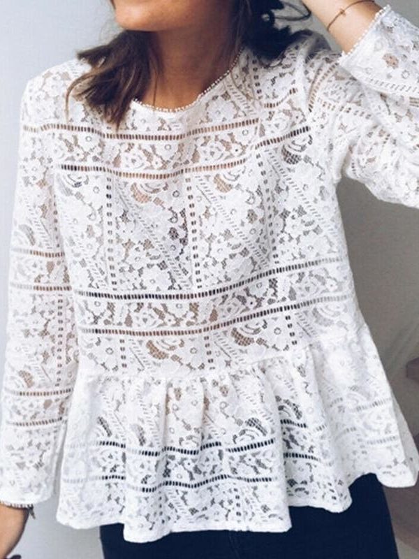 The Best Fashion Women Boho Beach Holiday Summer Loose Casual Chiffon Lace Ruffled Embroider White Tops Femme Ladies Mesh Blouse Online - Takalr