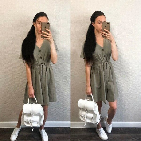 The Best Fashion Women Boho Cotton Linen Sundress Ladies Summer Short Sleeve Holiday Beach Button Loose Solid Short Dress Online - Takalr