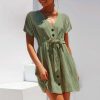 The Best Fashion Women Boho Cotton Linen Sundress Ladies Summer Short Sleeve Holiday Beach Button Loose Solid Short Dress Online - Takalr