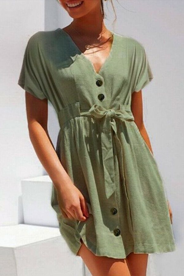The Best Fashion Women Boho Cotton Linen Sundress Ladies Summer Short Sleeve Holiday Beach Button Loose Solid Short Dress Online - Takalr