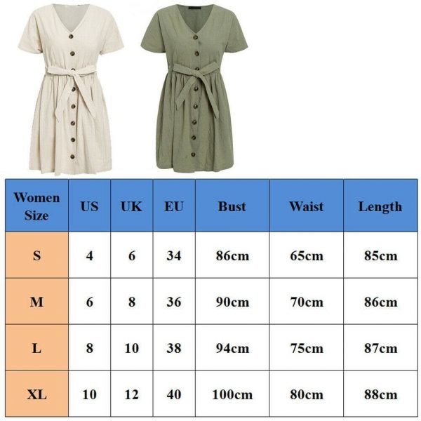 The Best Fashion Women Boho Cotton Linen Sundress Ladies Summer Short Sleeve Holiday Beach Button Loose Solid Short Dress Online - Takalr