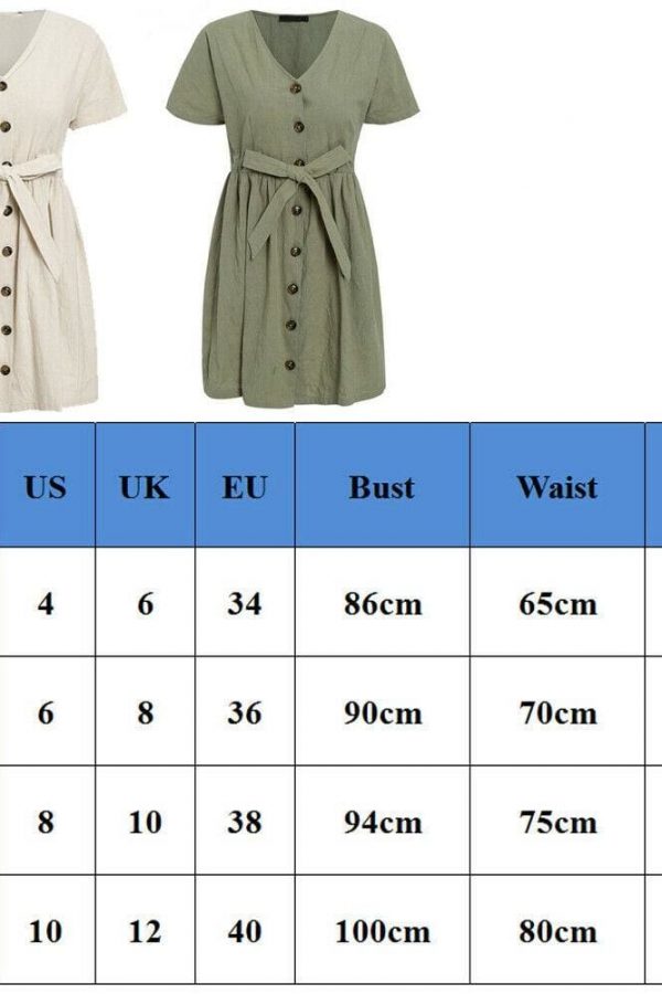 The Best Fashion Women Boho Cotton Linen Sundress Ladies Summer Short Sleeve Holiday Beach Button Loose Solid Short Dress Online - Takalr