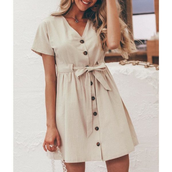 The Best Fashion Women Boho Cotton Linen Sundress Ladies Summer Short Sleeve Holiday Beach Button Loose Solid Short Dress Online - Takalr