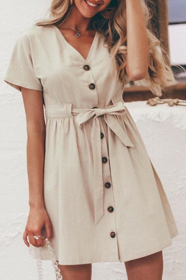 The Best Fashion Women Boho Cotton Linen Sundress Ladies Summer Short Sleeve Holiday Beach Button Loose Solid Short Dress Online - Takalr