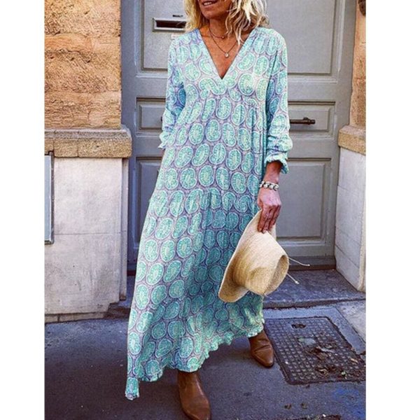 The Best Fashion Women Boho Deep V Neck Floral Long Maxi Dress Tunic Beach Kaftan Holiday Club Casual Loose Dresses Sundress Online - Takalr