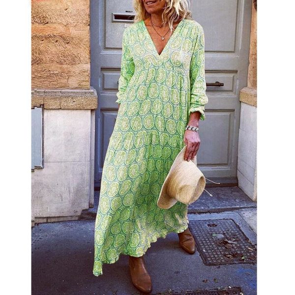 The Best Fashion Women Boho Deep V Neck Floral Long Maxi Dress Tunic Beach Kaftan Holiday Club Casual Loose Dresses Sundress Online - Takalr