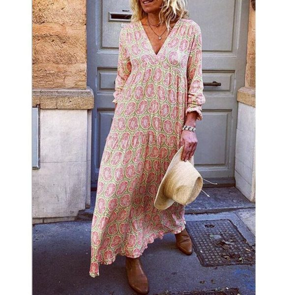 The Best Fashion Women Boho Deep V Neck Floral Long Maxi Dress Tunic Beach Kaftan Holiday Club Casual Loose Dresses Sundress Online - Takalr