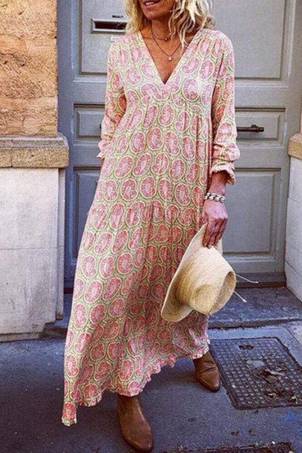 The Best Fashion Women Boho Deep V Neck Floral Long Maxi Dress Tunic Beach Kaftan Holiday Club Casual Loose Dresses Sundress Online - Takalr