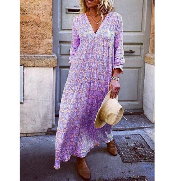 The Best Fashion Women Boho Deep V Neck Floral Long Maxi Dress Tunic Beach Kaftan Holiday Club Casual Loose Dresses Sundress Online - Takalr