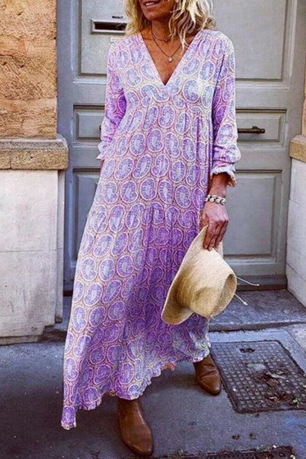 The Best Fashion Women Boho Deep V Neck Floral Long Maxi Dress Tunic Beach Kaftan Holiday Club Casual Loose Dresses Sundress Online - Takalr