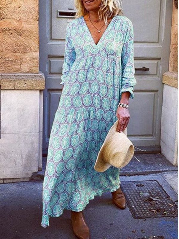 The Best Fashion Women Boho Deep V Neck Floral Long Maxi Dress Tunic Beach Kaftan Holiday Club Casual Loose Dresses Sundress Online - Takalr