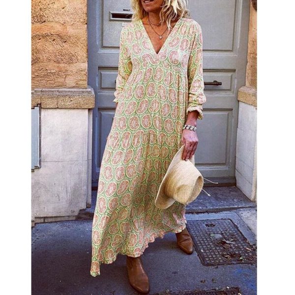 The Best Fashion Women Boho Deep V Neck Floral Long Maxi Dress Tunic Beach Kaftan Holiday Club Casual Loose Dresses Sundress Online - Takalr