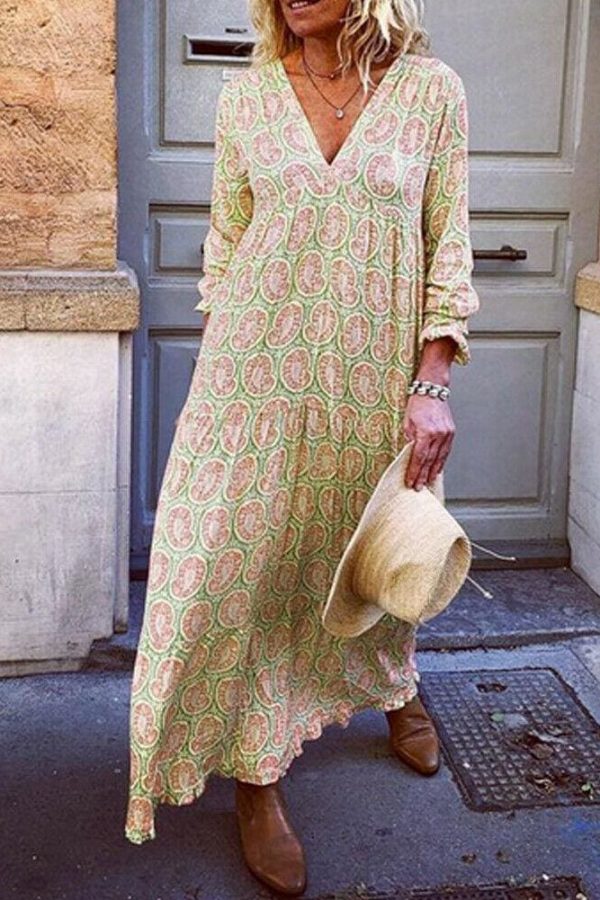 The Best Fashion Women Boho Deep V Neck Floral Long Maxi Dress Tunic Beach Kaftan Holiday Club Casual Loose Dresses Sundress Online - Takalr