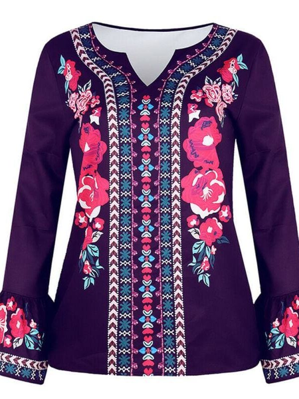 The Best Fashion Women Boho Floral Long Sleeve Baggy V Neck Loose Blouse Autumn Ladies Casual Jumper Tops Plus Size Online - Takalr